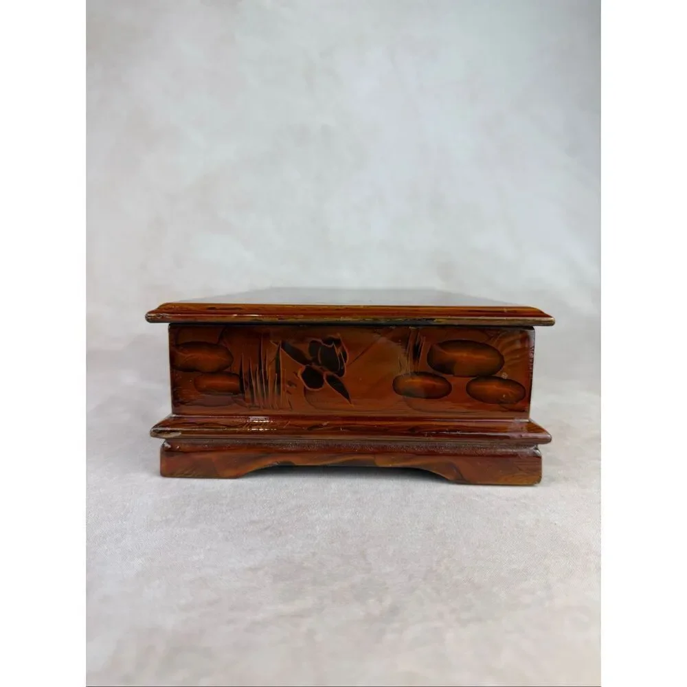 Vintage Chinese Lacquered Wood Vanity Jewelry Box w/ Mirror READ